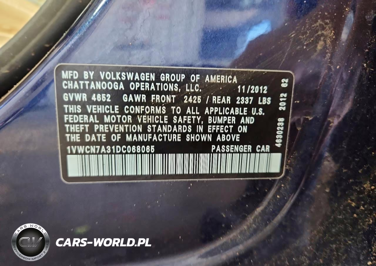 2013 Volkswagen Passat Sel VIN:1VWCN7A31DC068065 - 13