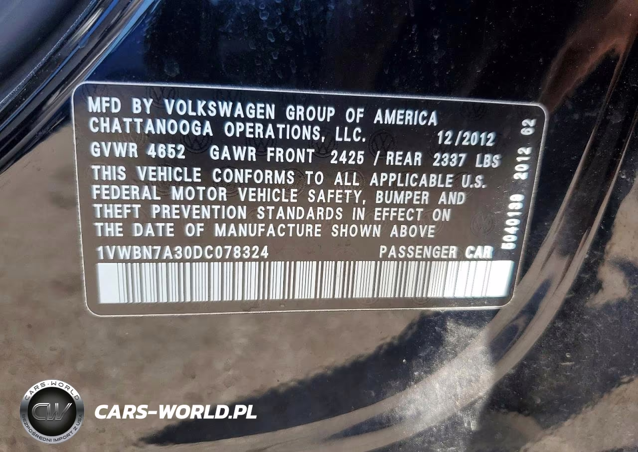 2013 Volkswagen Passat Se VIN:1VWBN7A30DC078324 - 12