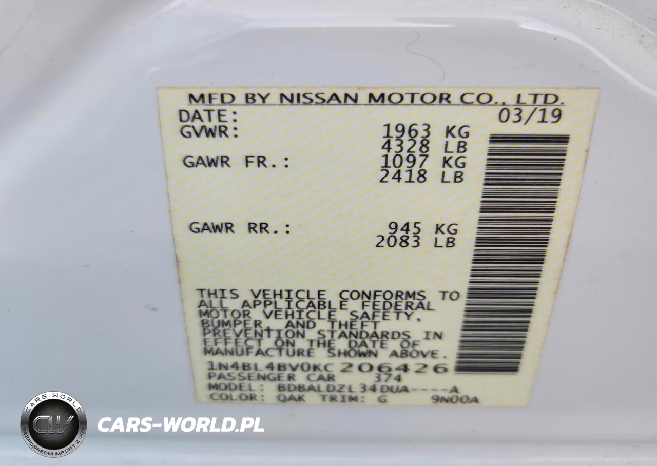 2019 Nissan Altima S VIN:1N4BL4BV0KC206426 - 12