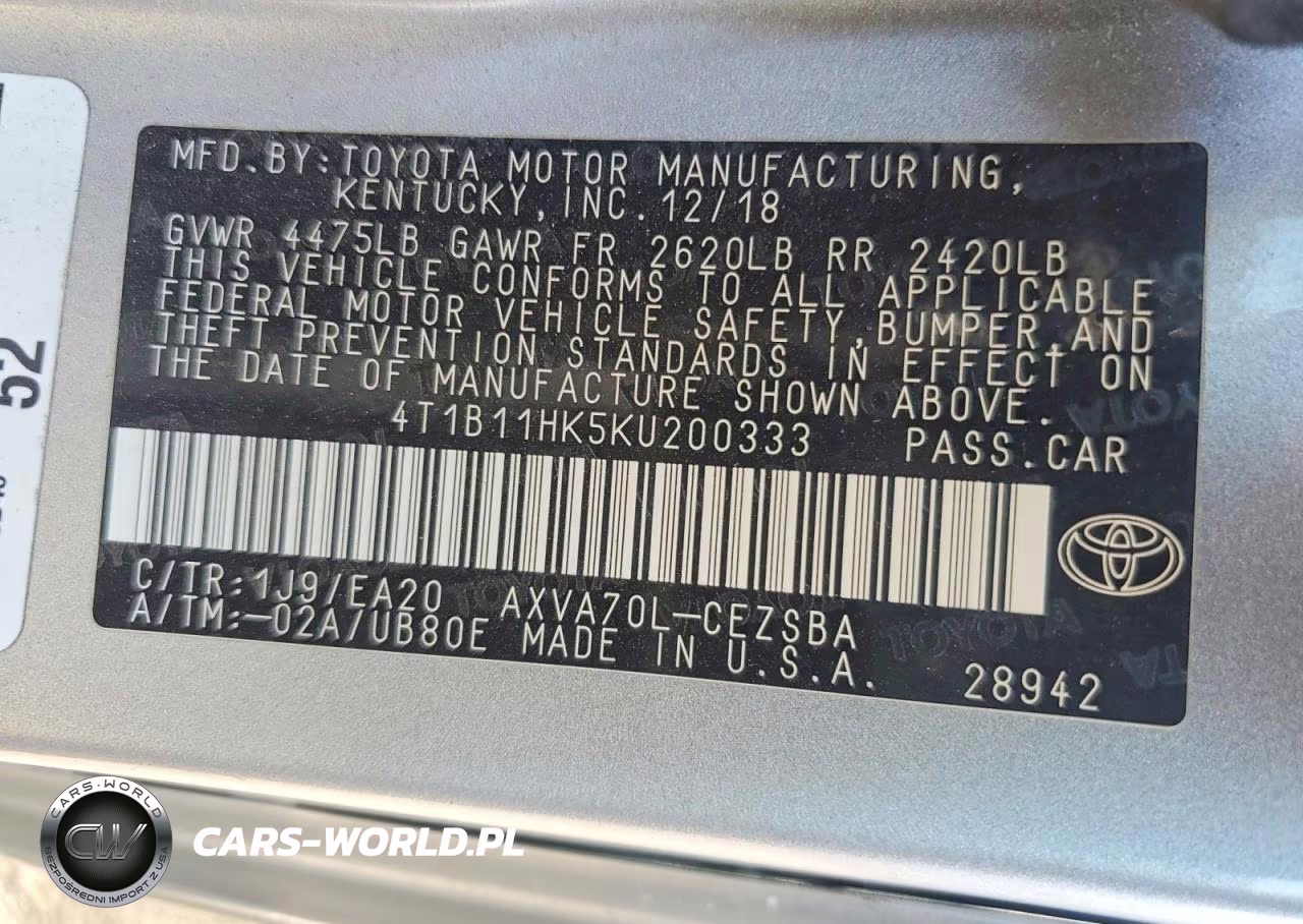 2019 Toyota Camry Se VIN:4T1B11HK5KU200333 - 12