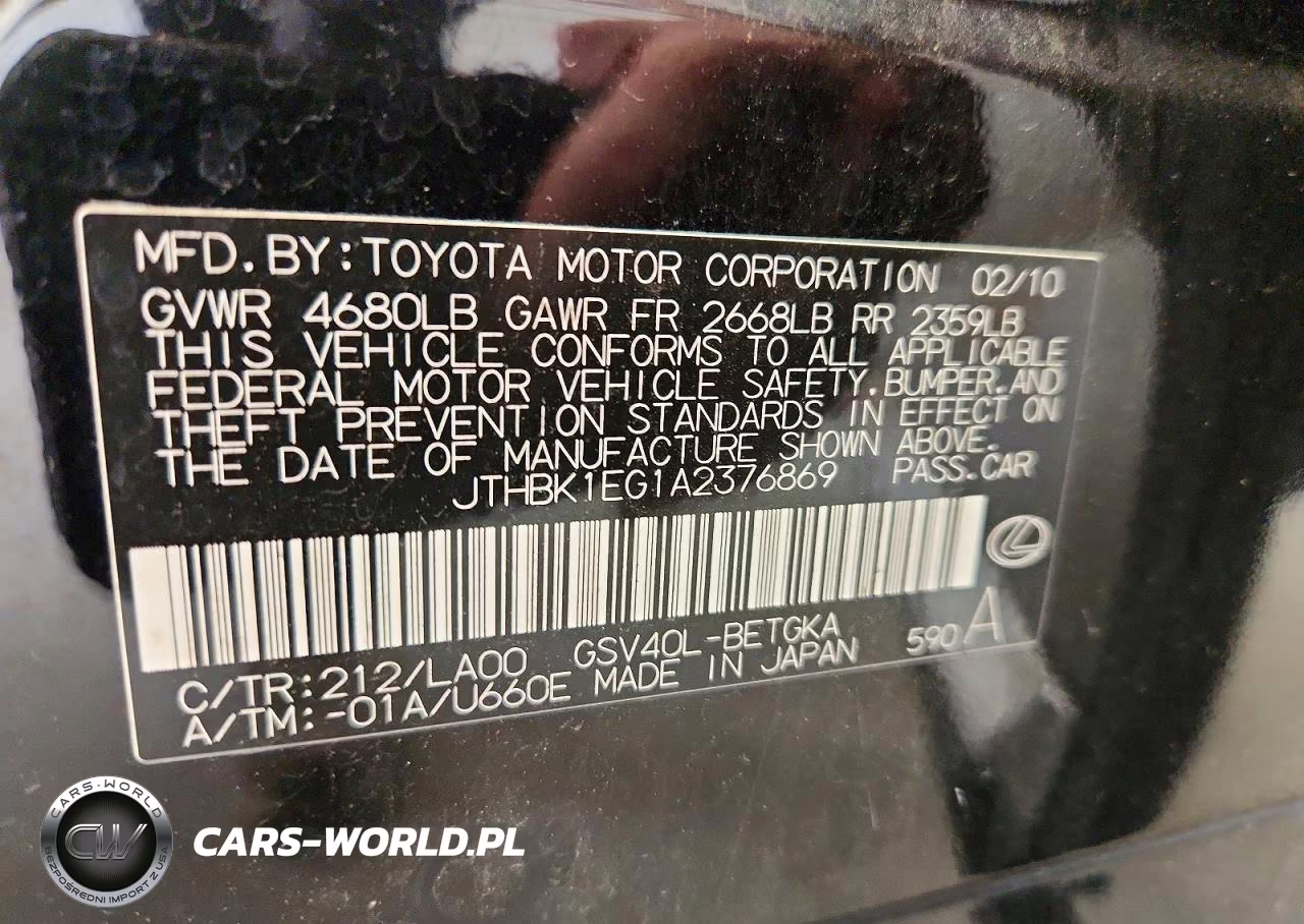 2010 Lexus Es 350 VIN:JTHBK1EG1A2376869 - 12