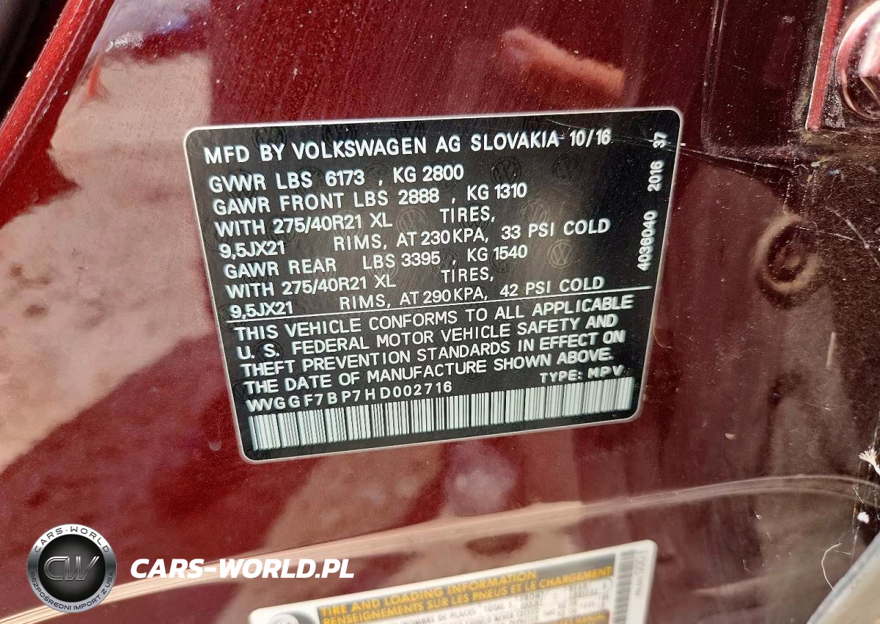 2017 Volkswagen Touareg Executive VIN:WVGGF7BP7HD002716 - 14