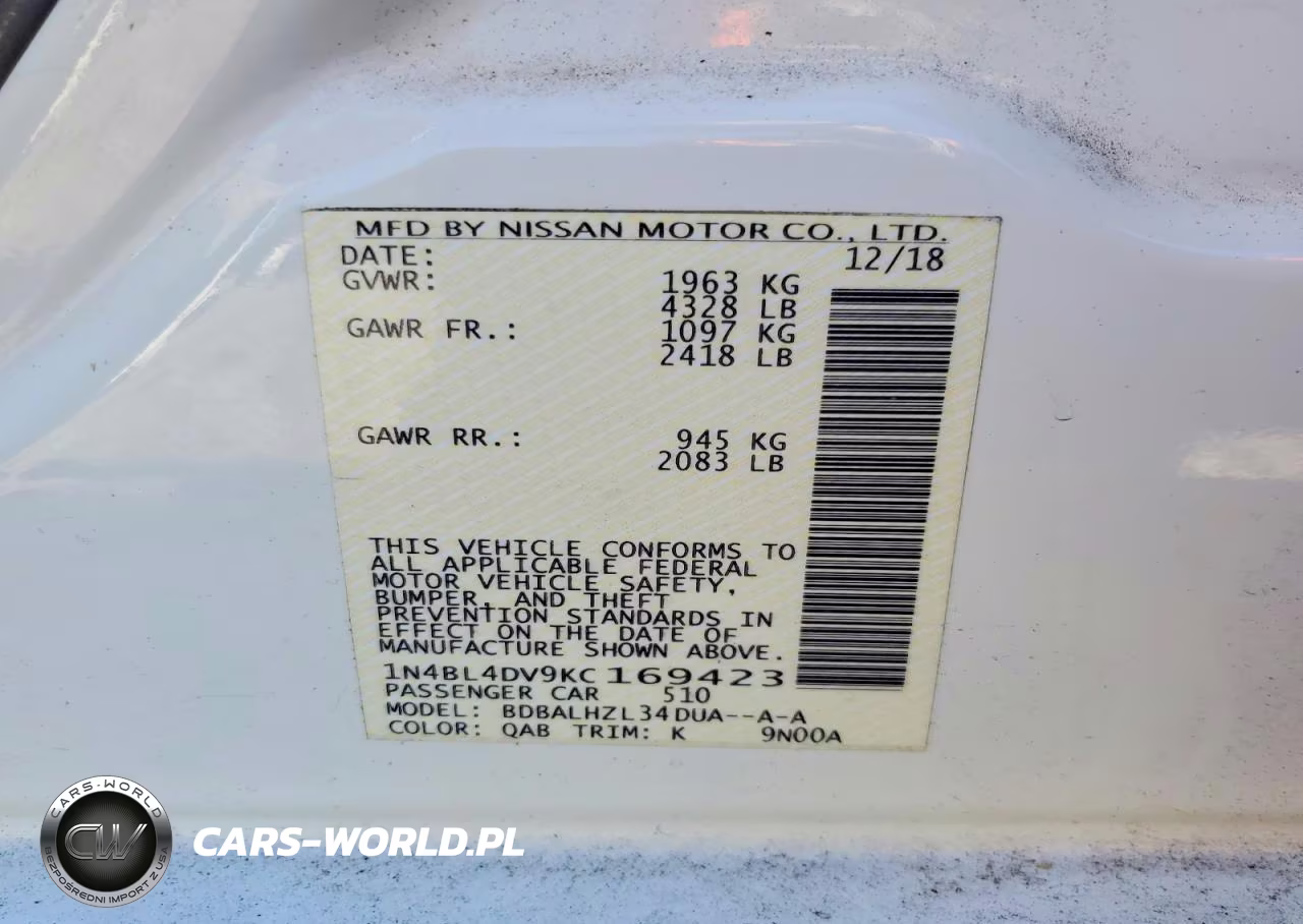 2019 Nissan Altima Sv VIN:1N4BL4DV9KC169423 - 12