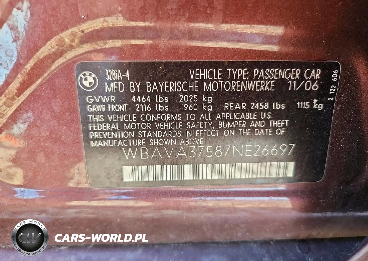 2007 BMW 328 I VIN:WBAVA37587NE26697 - 13
