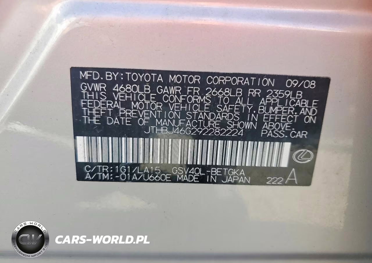 2009 Lexus Es 350 VIN:JTHBJ46G292282224 - 12