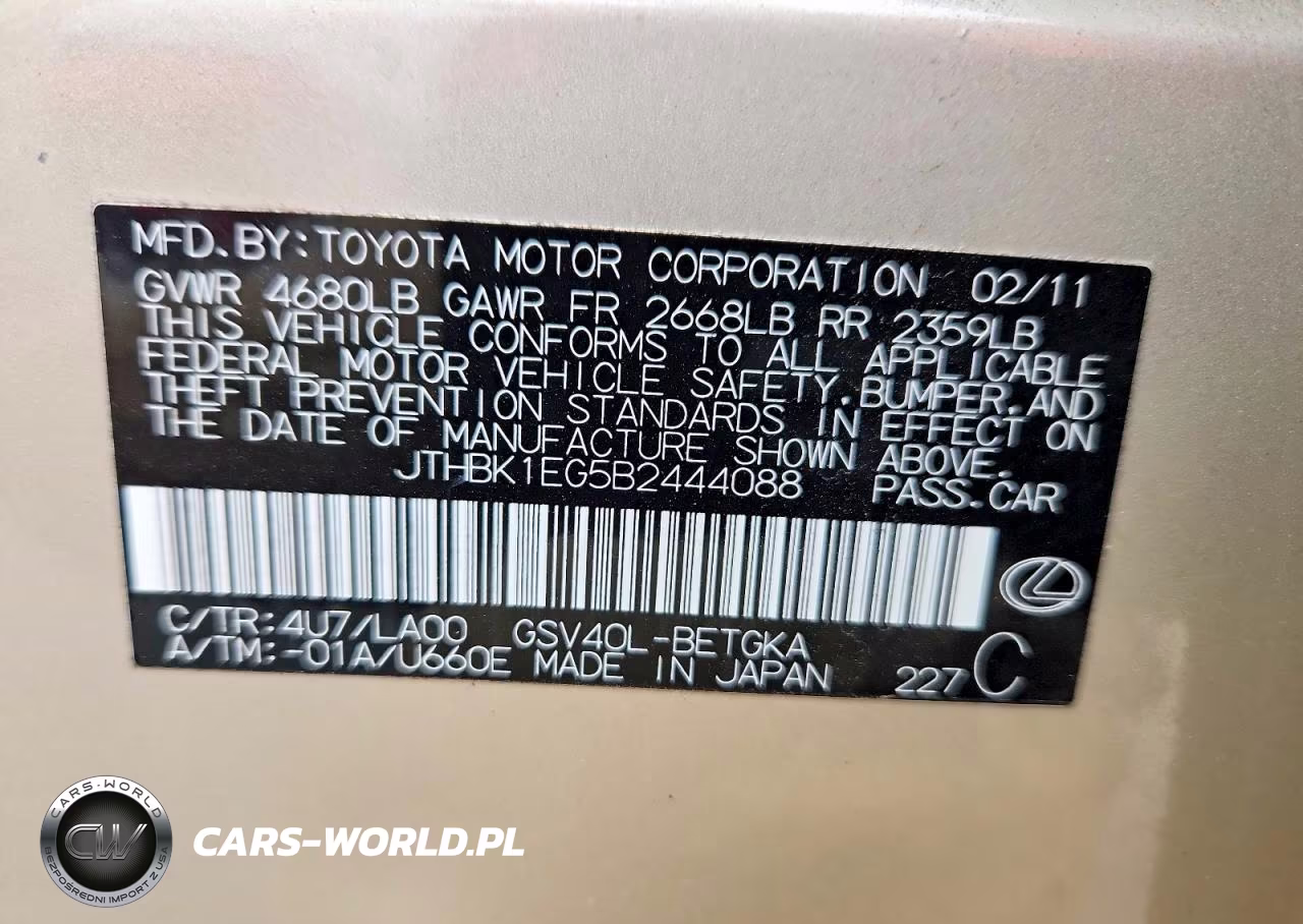 2011 Lexus Es 350 VIN:JTHBK1EG5B2444088 - 13