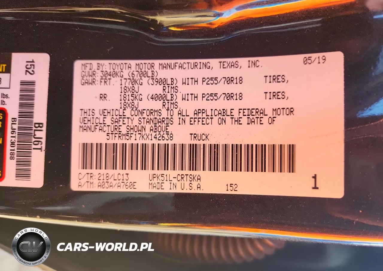 2019 Toyota Tundra Sr 4.6L V8 VIN:5TFRM5F17KX142638 - 12
