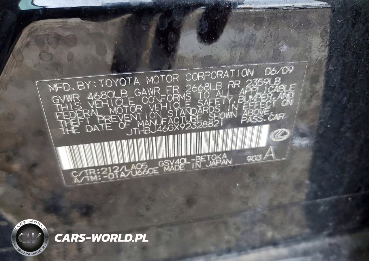2009 Lexus Es 350 VIN:JTHBJ46GX92328821 - 12