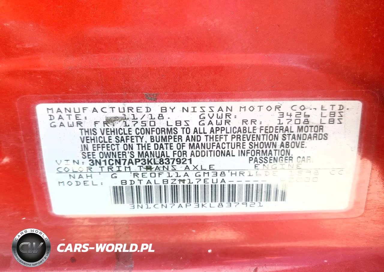 2019 Nissan Versa Sv VIN:3N1CN7AP3KL837921 - 12