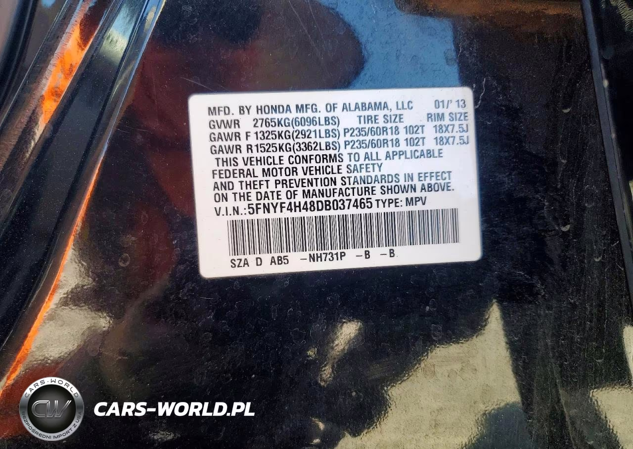 2013 Honda Pilot Ex VIN:5FNYF4H48DB037465 - 13