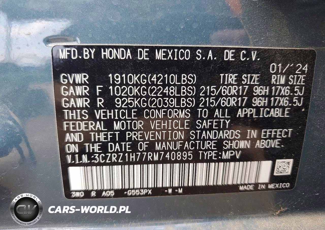 2024 Honda Hr-V Exl VIN:3CZRZ1H77RM740895 - 12