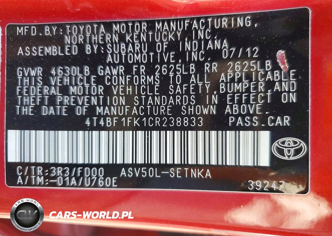 2012 Toyota Camry Base VIN:4T4BF1FK1CR238833 - 12