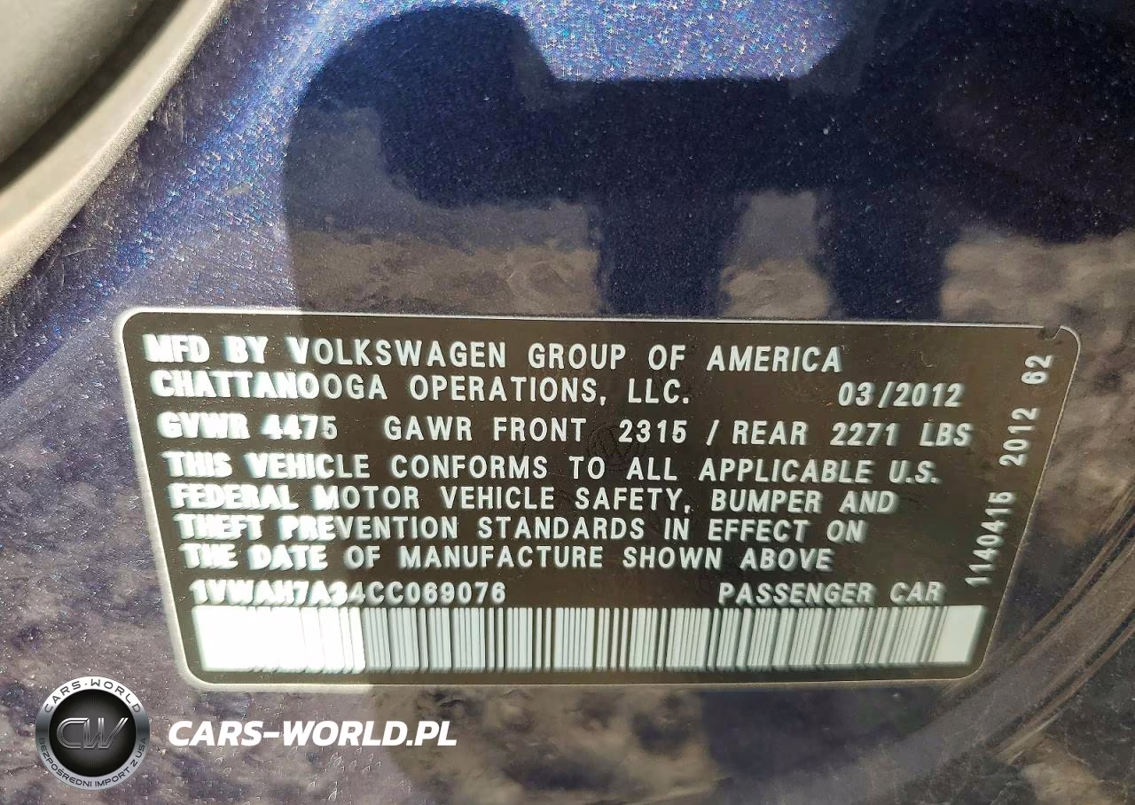 2012 Volkswagen Passat S VIN:1VWAH7A34CC069076 - 12