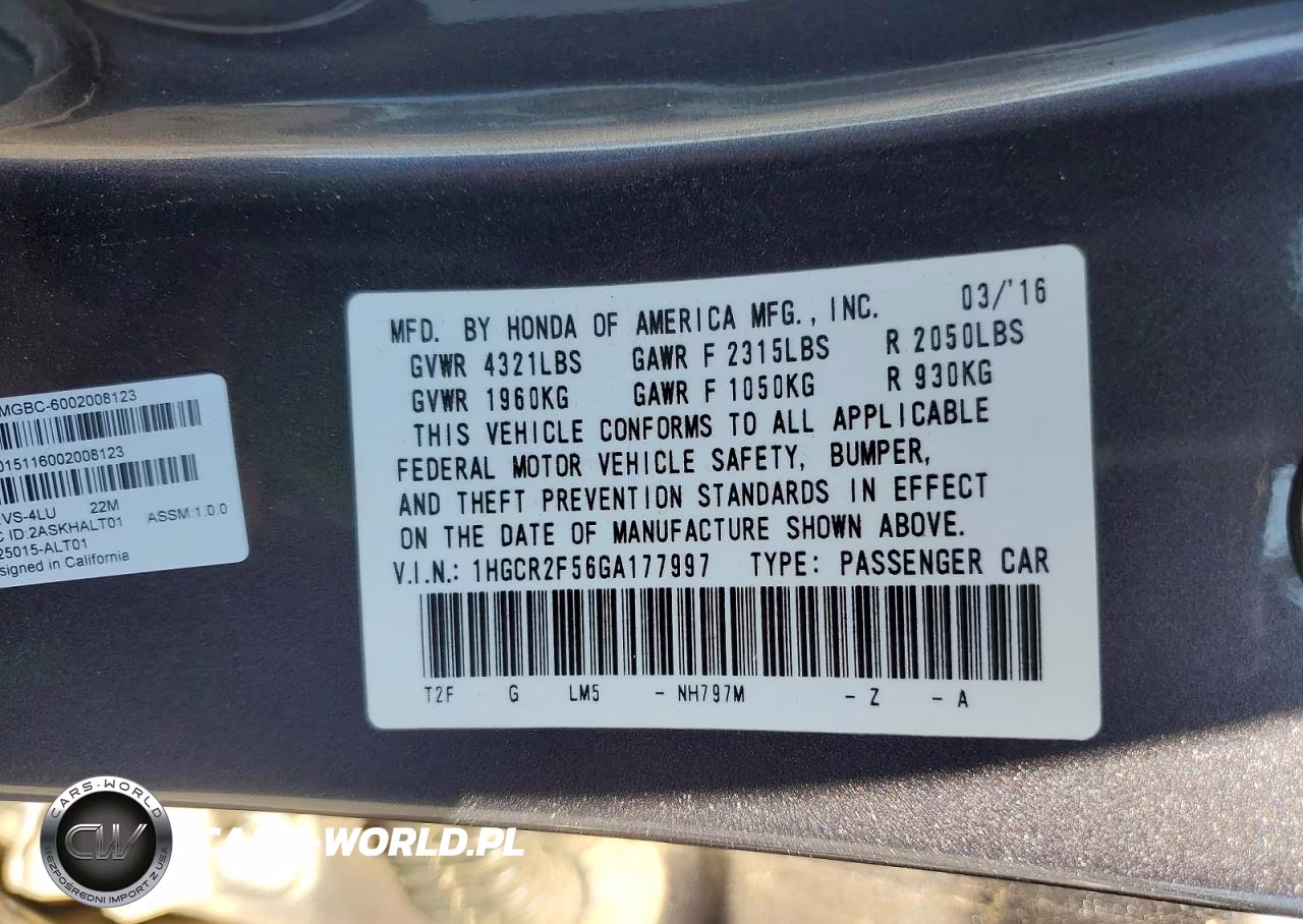 2016 Honda Accord Sport VIN:1HGCR2F56GA177997 - 12