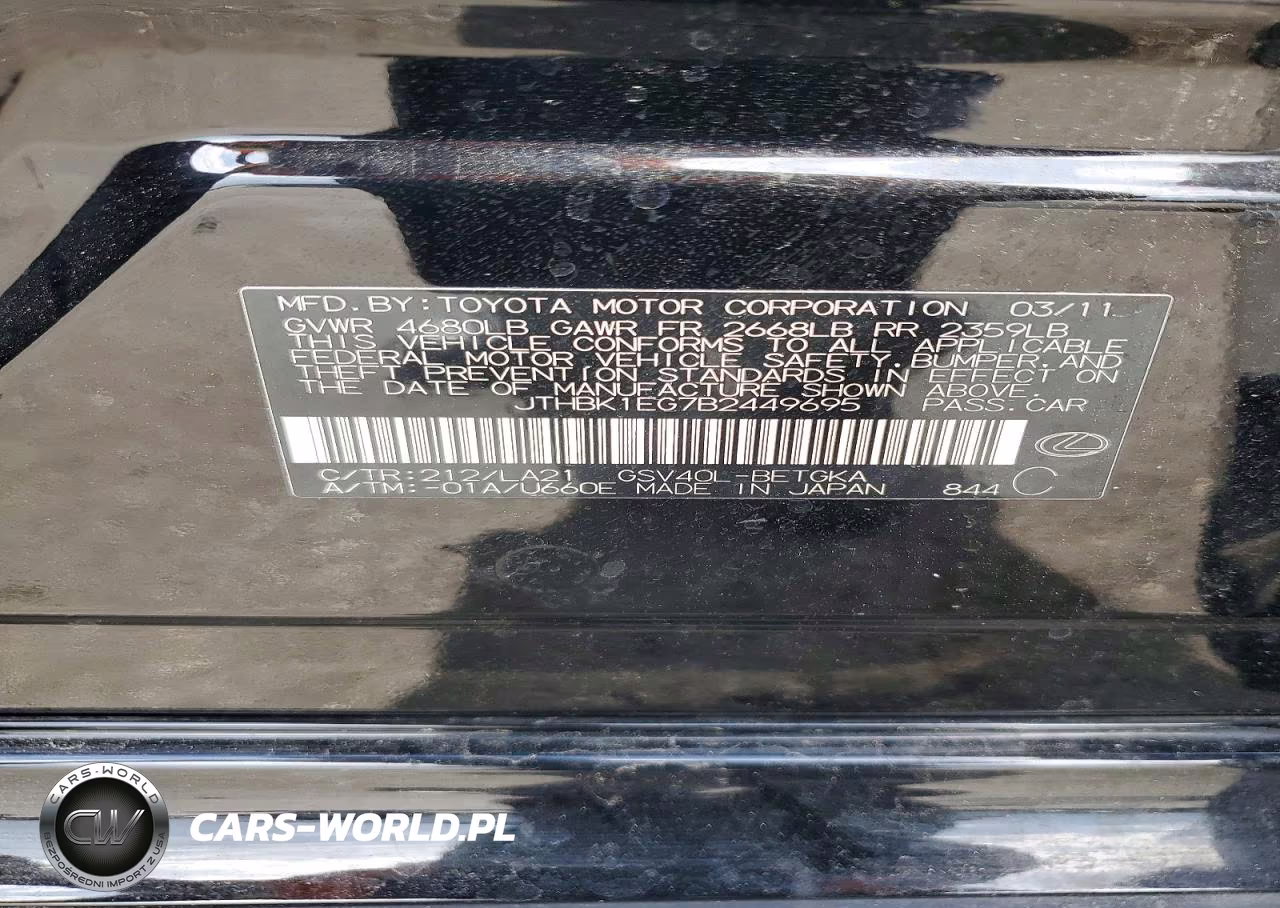 2011 Lexus Es 350 VIN:JTHBK1EG7B2449695 - 12