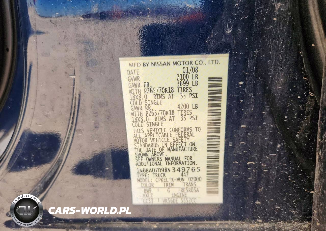 2008 Nissan Titan Xe Ffv VIN:1N6BA07D98N349765 - 12