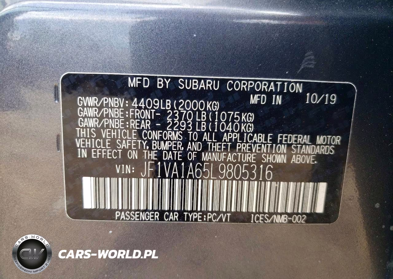 2020 Subaru Wrx VIN:JF1VA1A65L9805316 - 12