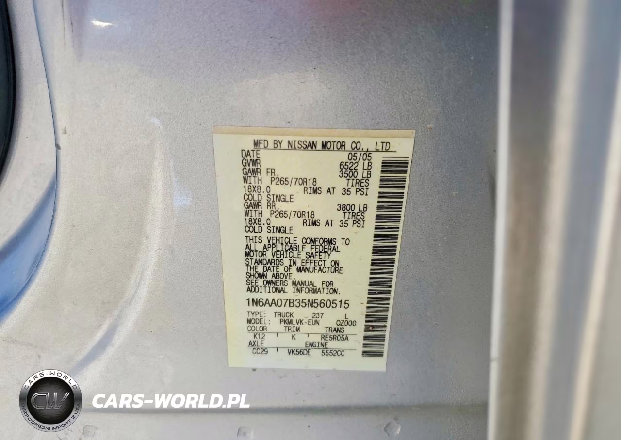 2005 Nissan Titan Xe VIN:1N6AA07B35N560515 - 12