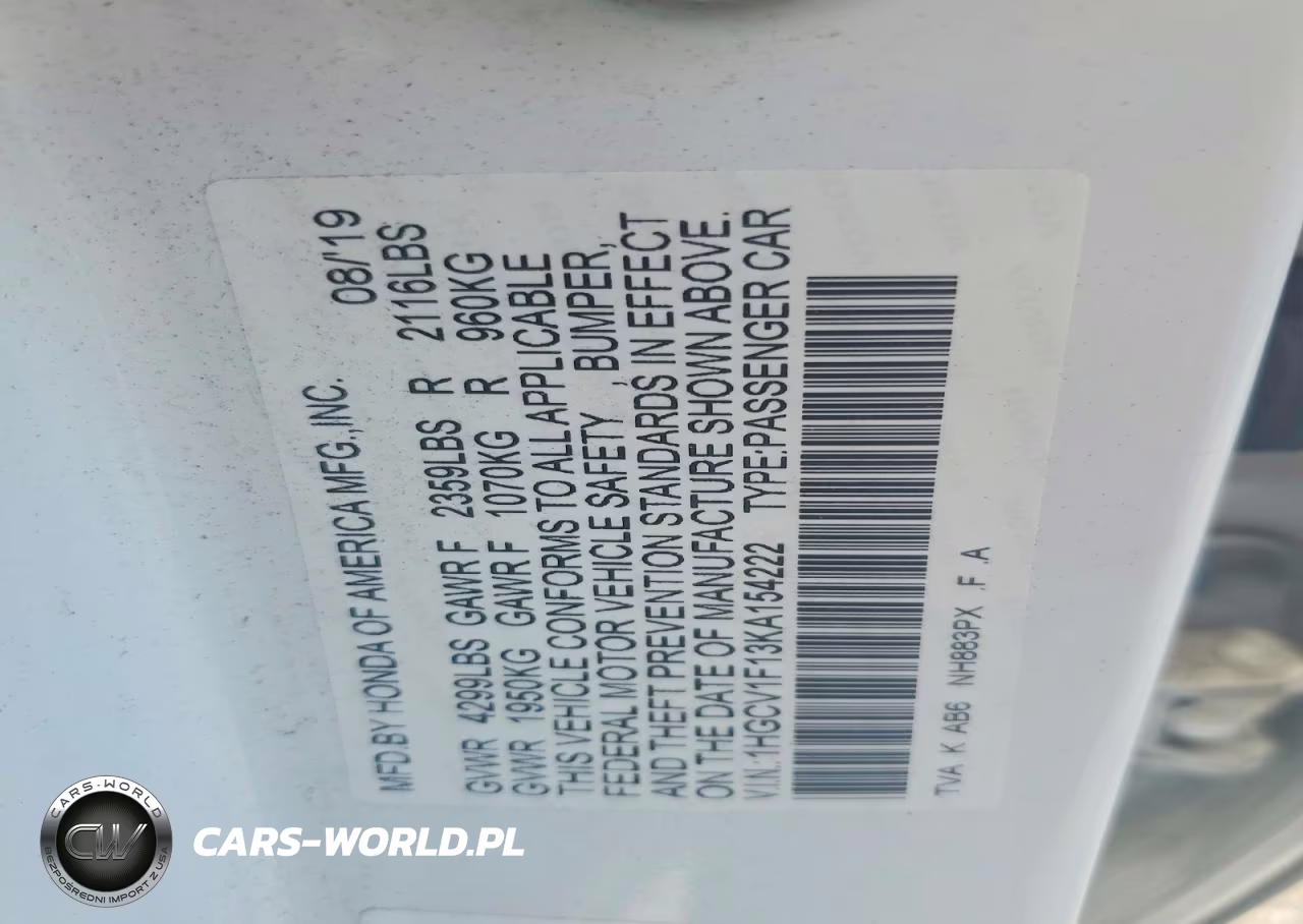2019 Honda Accord Lx VIN:1HGCV1F13KA154222 - 12