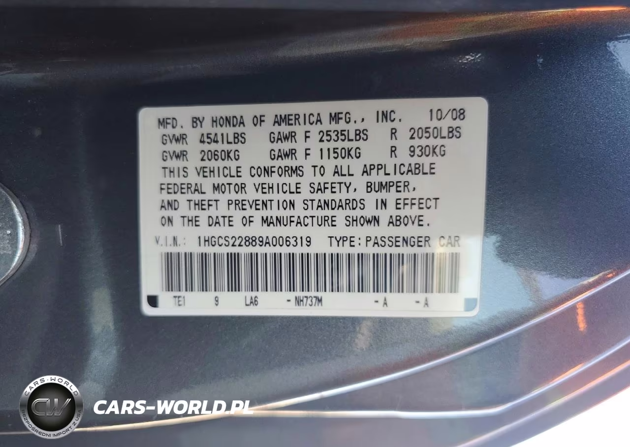 2009 Honda Accord Exl VIN:1HGCS22889A006319 - 12