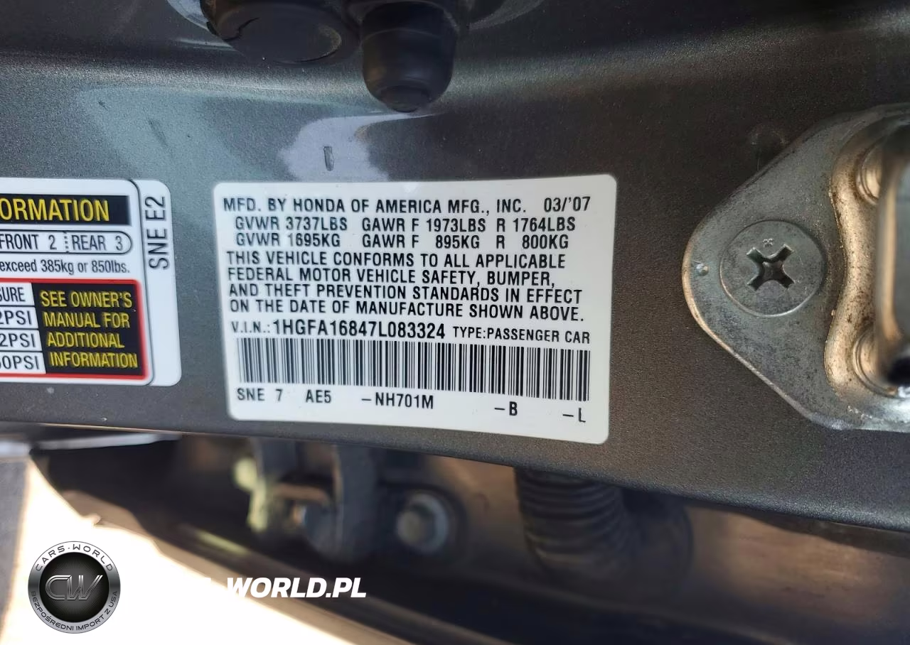 2007 Honda Civic Ex VIN:1HGFA16847L083324 - 12