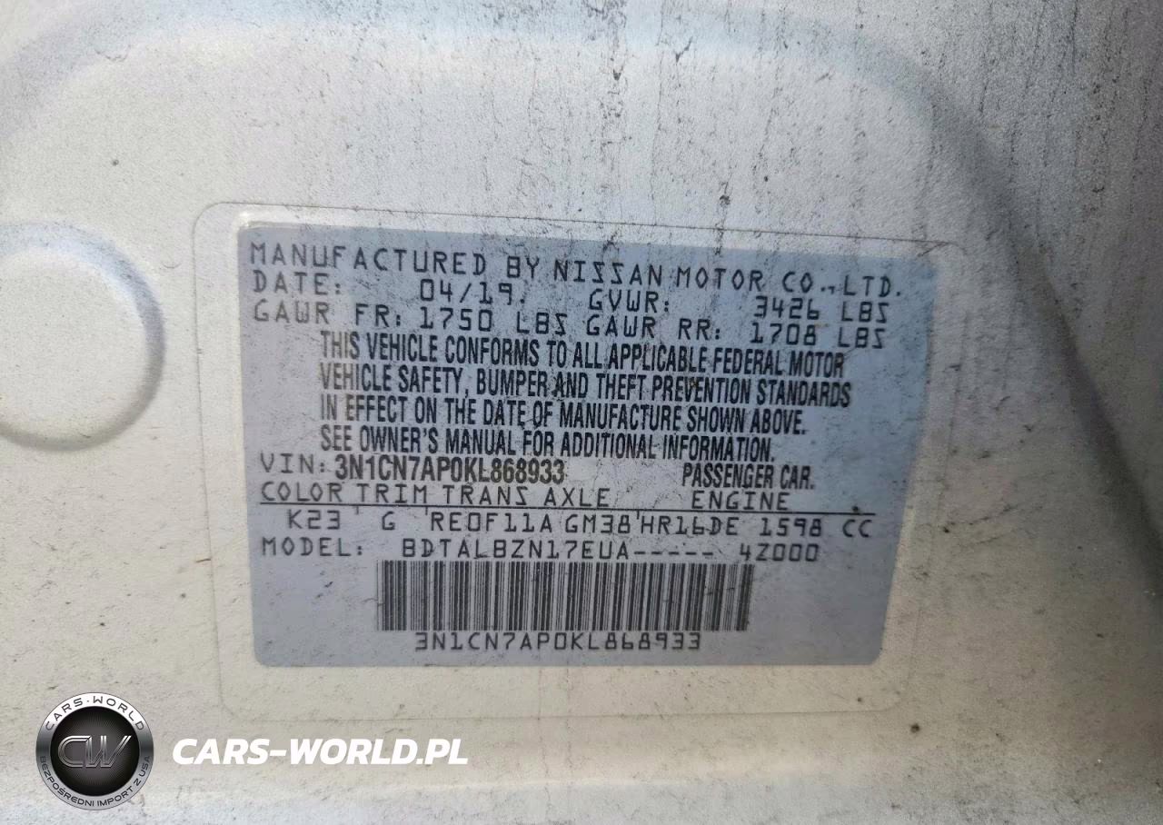 2019 Nissan Versa Sv VIN:3N1CN7AP0KL868933 - 12