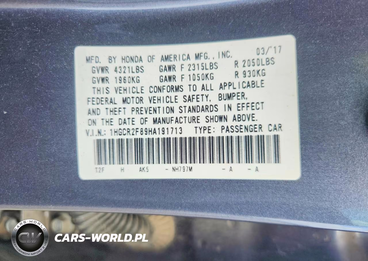 2017 Honda Accord Exl VIN:1HGCR2F89HA191713 - 13