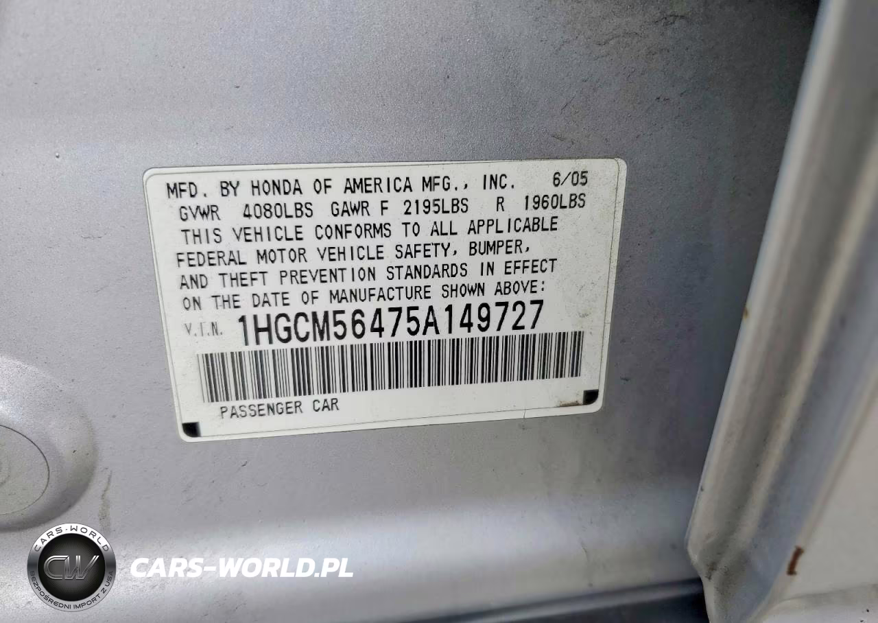 2005 Honda Accord Lx VIN:1HGCM56475A149727 - 12