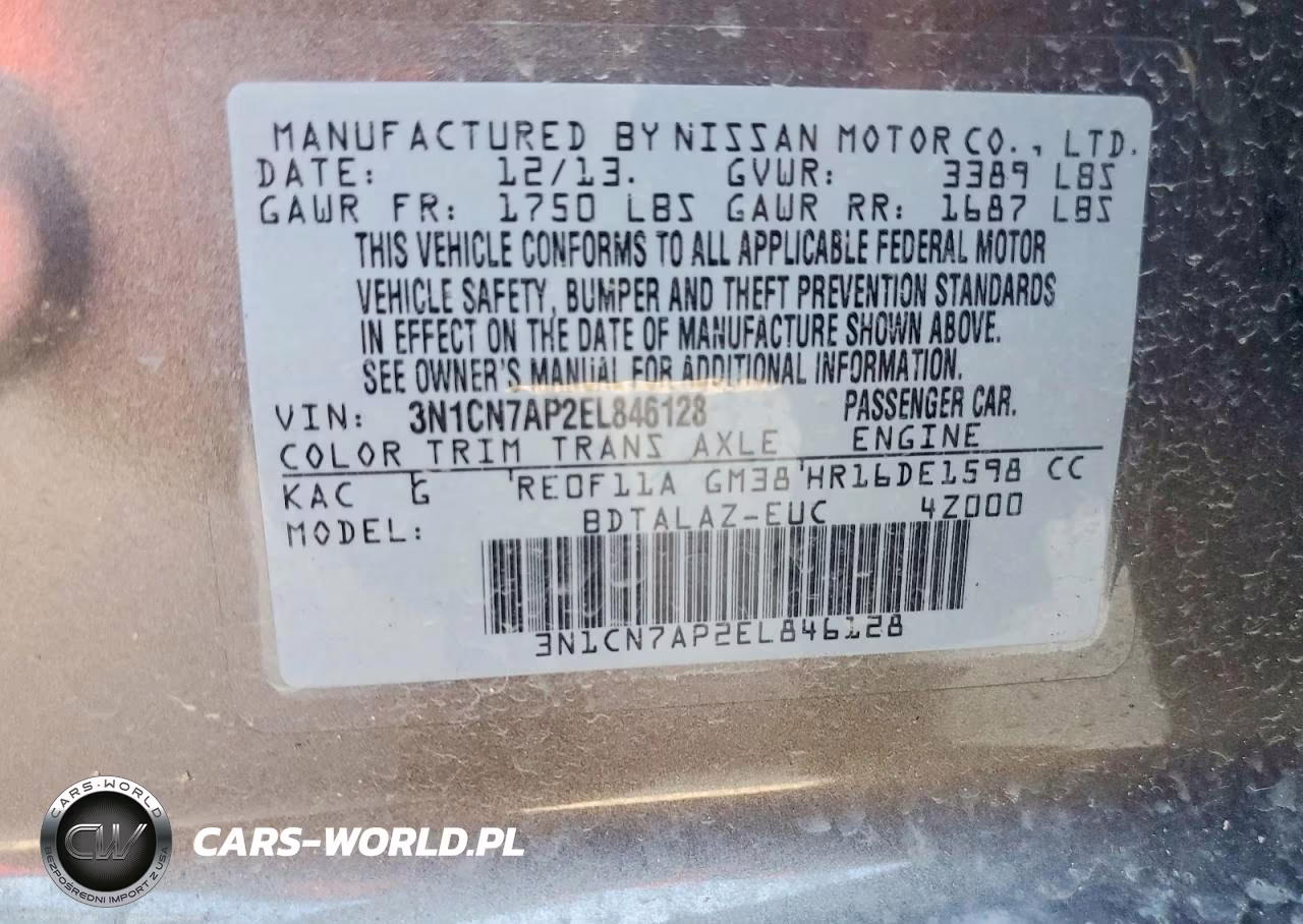 2014 Nissan Versa 1.6 S Plus VIN:3N1CN7AP2EL846128 - 12