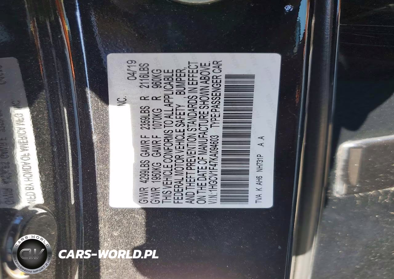 2019 Honda Accord Ex VIN:1HGCV1F47KA094603 - 12