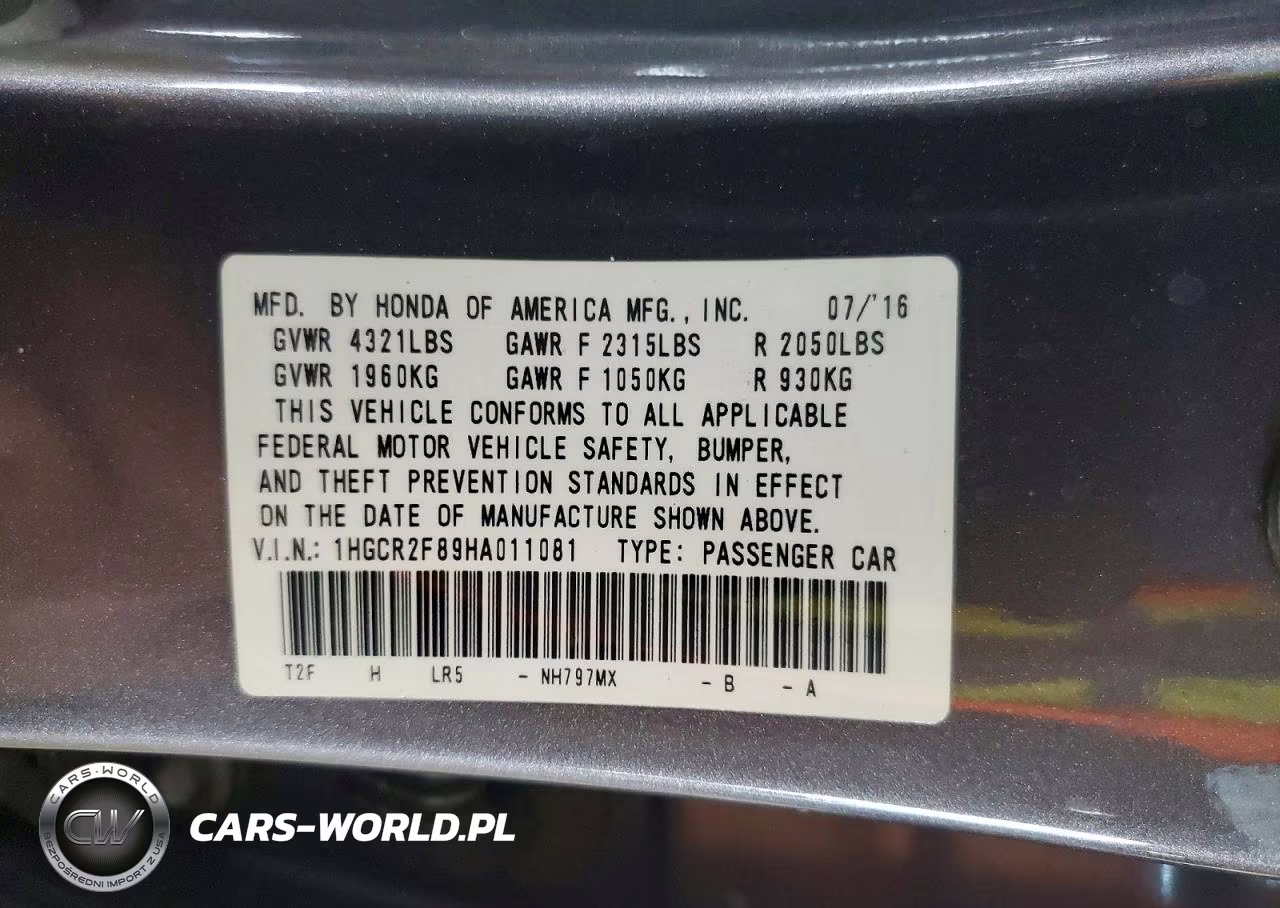 2017 Honda Accord Exl VIN:1HGCR2F89HA011081 - 12