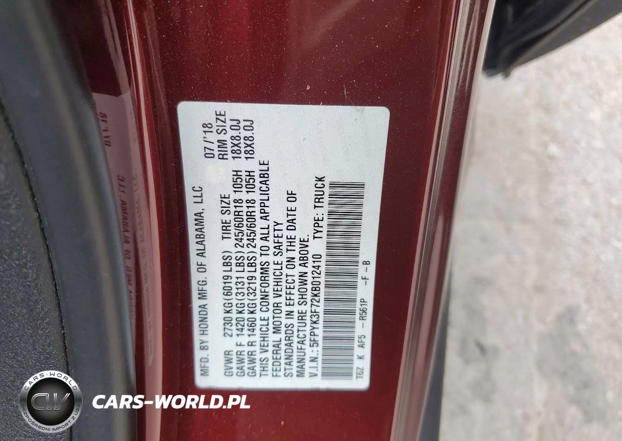 2019 Honda Ridgeline Rtl VIN:5FPYK3F72KB012410 - 12