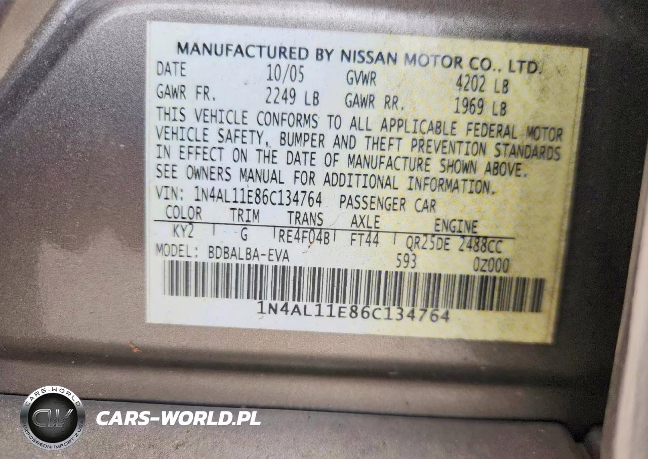 2006 Nissan Altima 2.5 S VIN:1N4AL11E86C134764 - 12