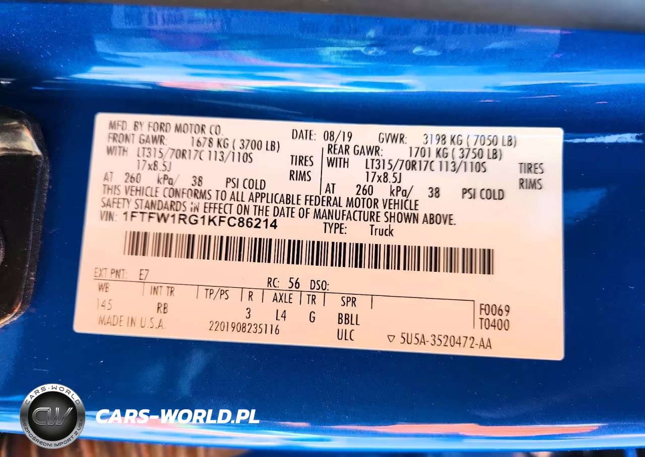 2019 Ford F150 Raptor VIN:1FTFW1RG1KFC86214 - 13