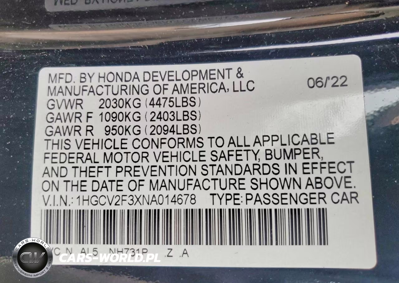 2022 Honda Accord Sport VIN:1HGCV2F3XNA014678 - 12