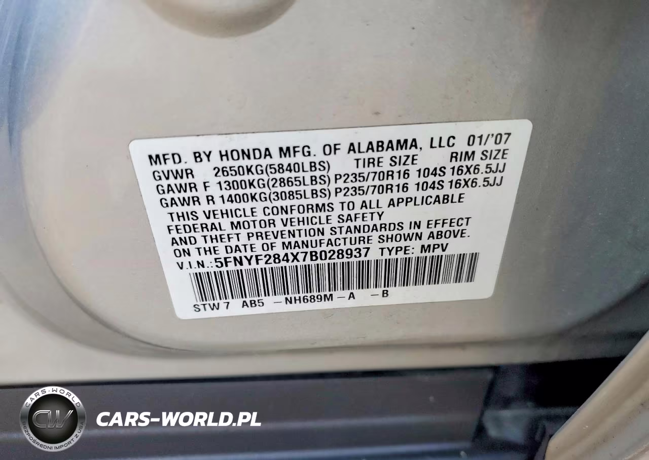 2007 Honda Pilot Ex VIN:5FNYF284X7B028937 - 13