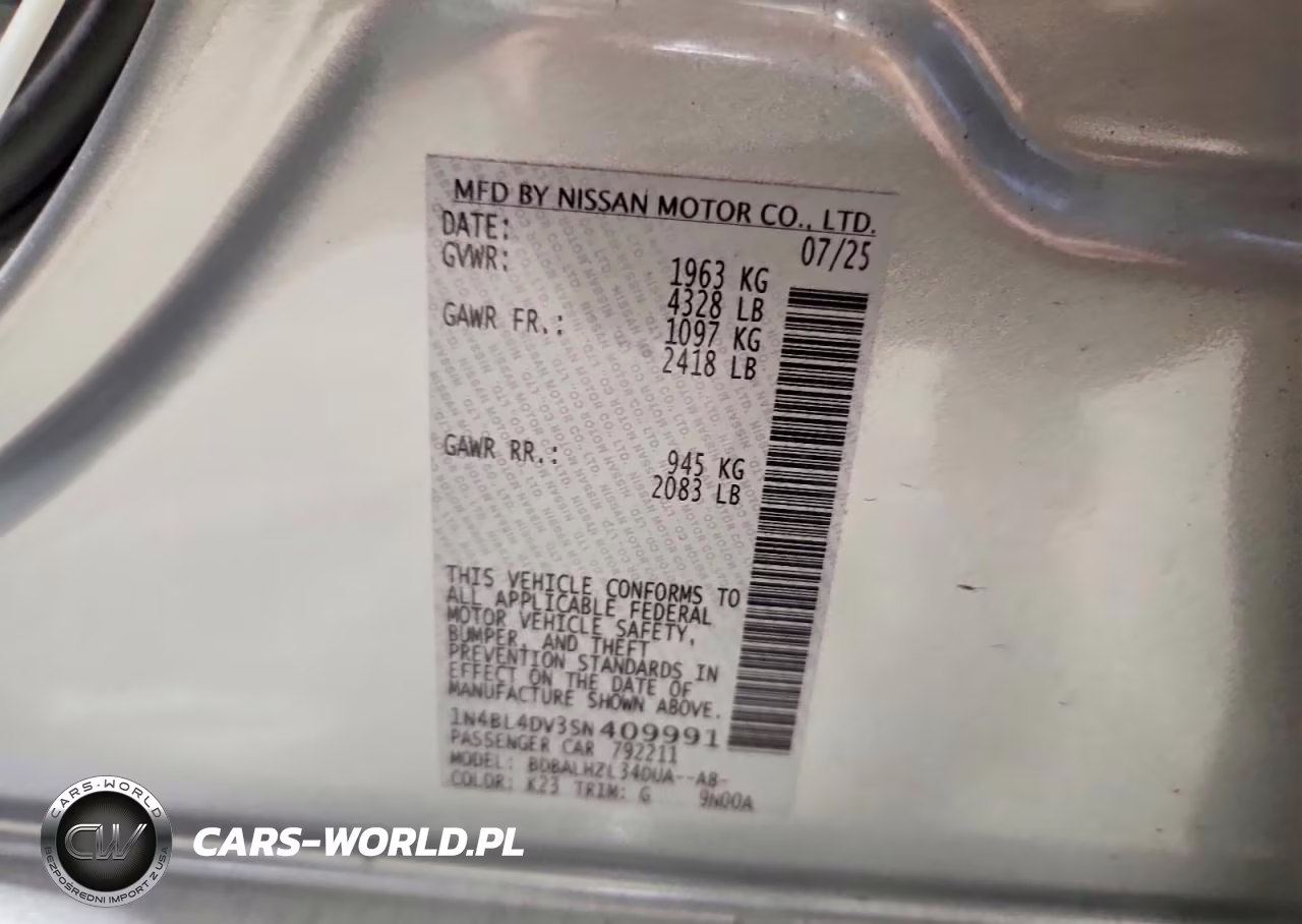 2025 Nissan Altima Sv VIN:1N4BL4DV3SN409991 - 12