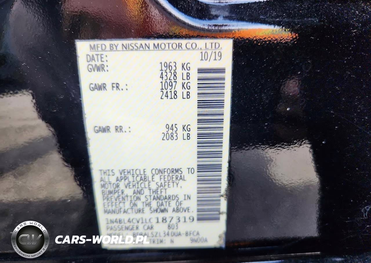 2020 Nissan Altima Sr VIN:1N4BL4CV1LC187319 - 12