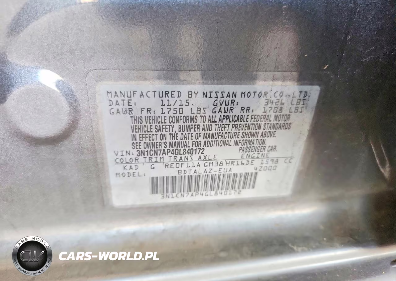 2016 Nissan Versa 1.6 S Plus VIN:3N1CN7AP4GL840172 - 13