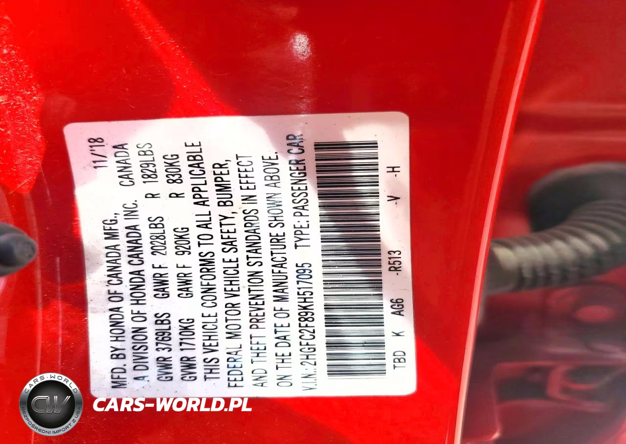2019 Honda Civic Sport VIN:2HGFC2F89KH517095 - 12