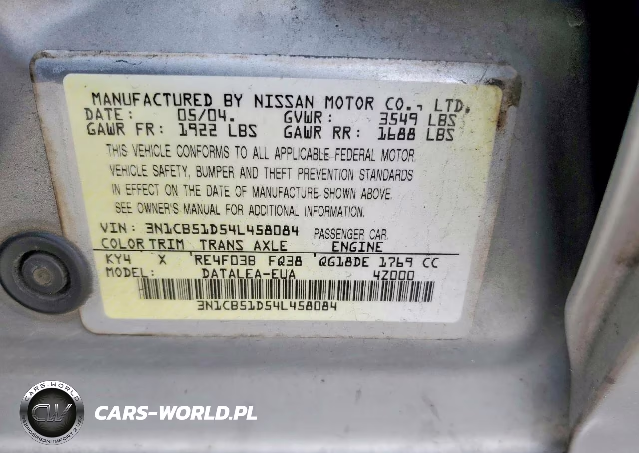 2004 Nissan Sentra 1.8 VIN:3N1CB51D54L458084 - 12