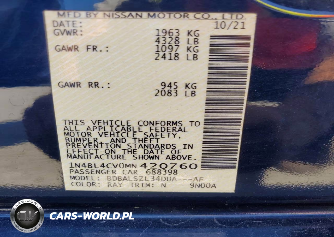2021 Nissan Altima Sv VIN:1N4BL4CV0MN420760 - 13