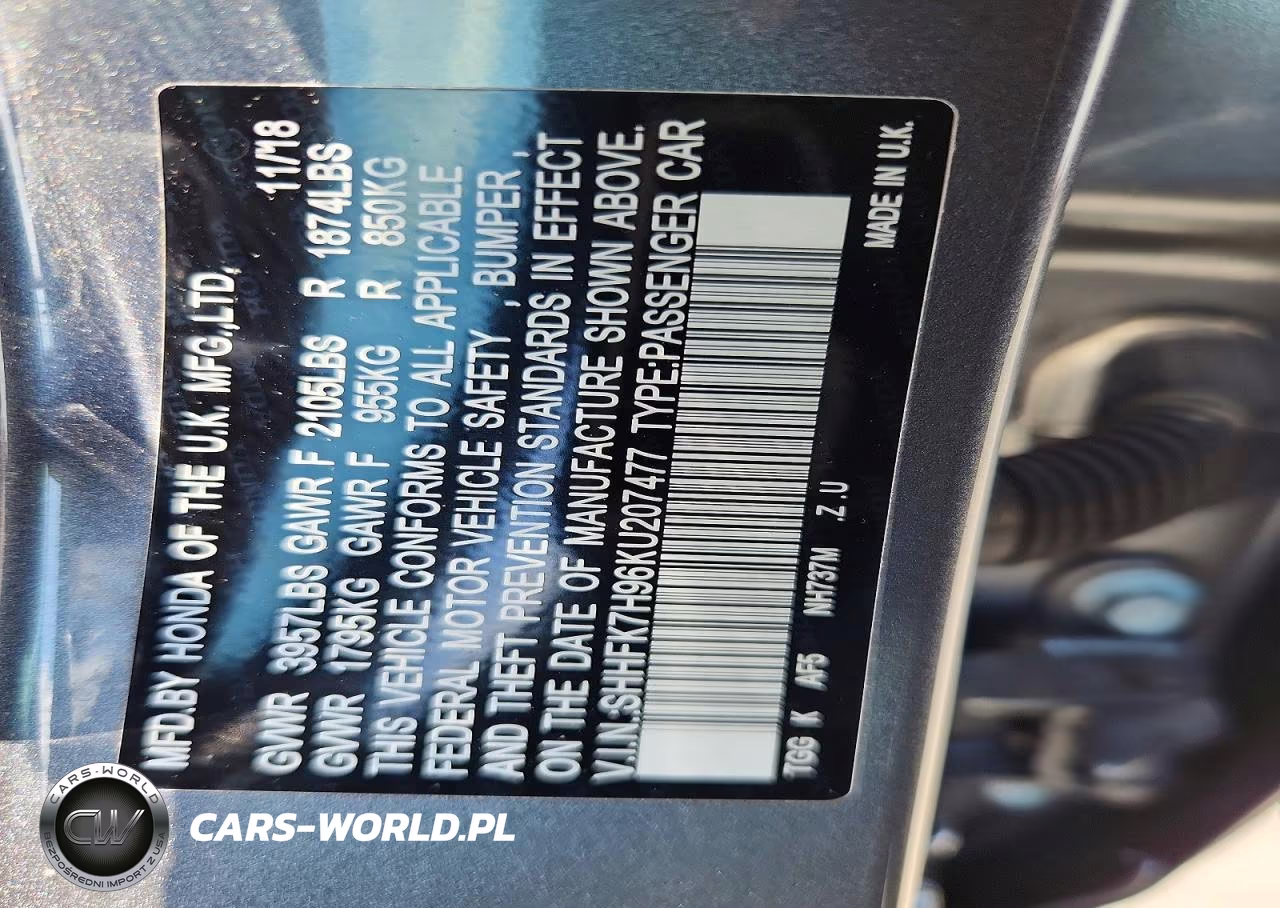 2019 Honda Civic Sport Touring VIN:SHHFK7H96KU207477 - 12
