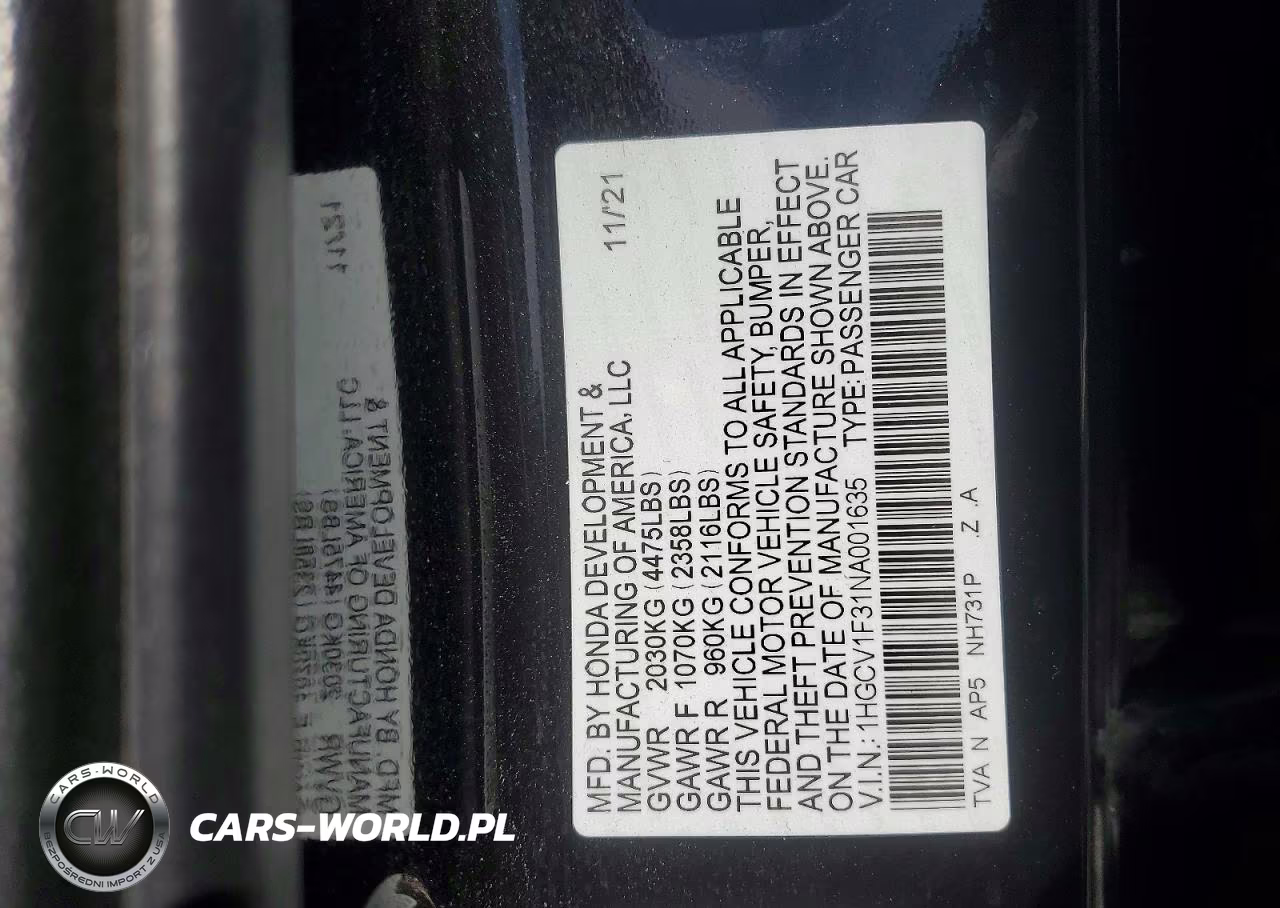 2022 Honda Accord Sport VIN:1HGCV1F31NA001635 - 12