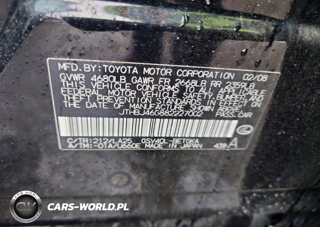 2008 Lexus Es 350 VIN:JTHBJ46G882227002 - 13