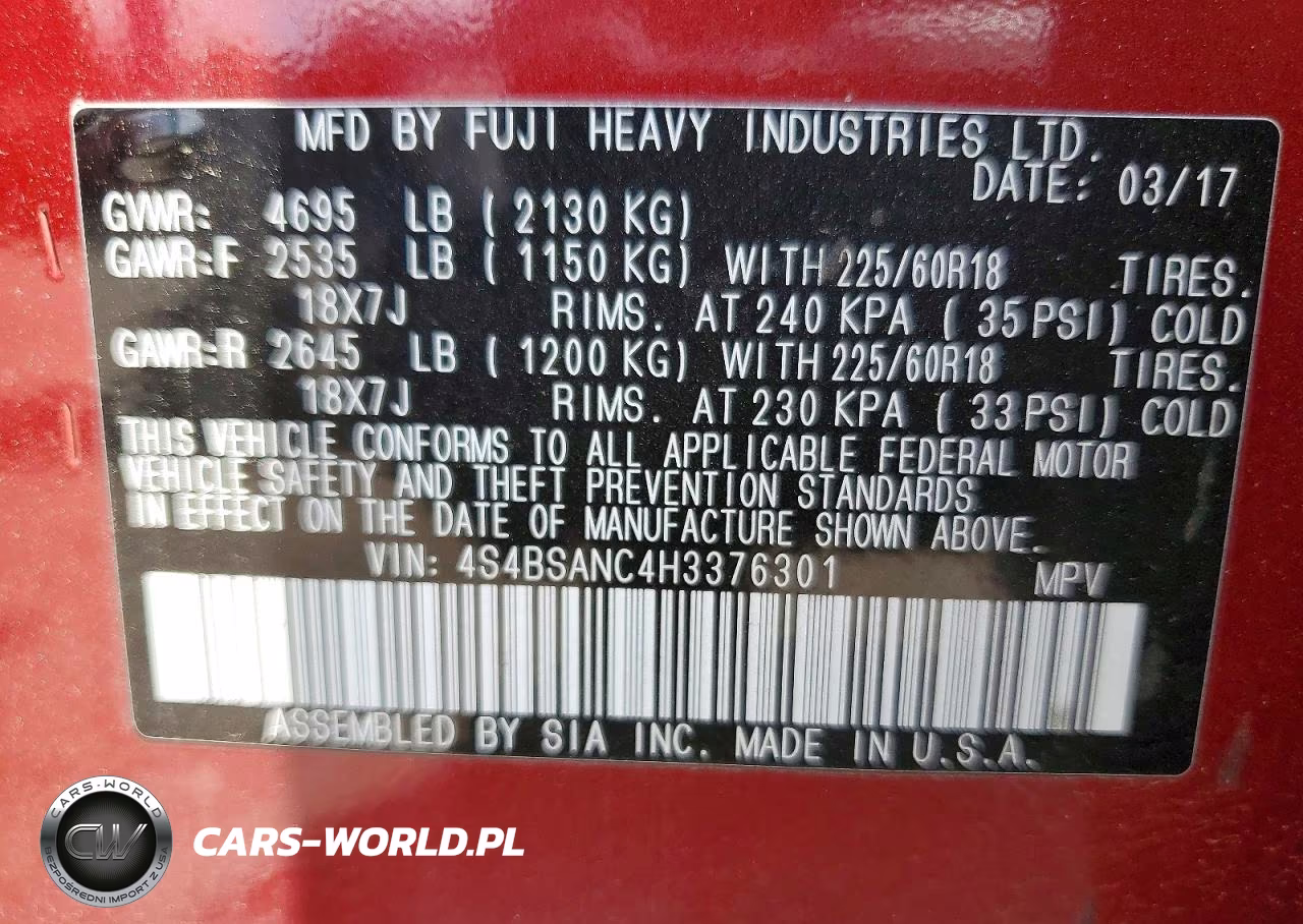 2017 Subaru Outback 2.5I Limited VIN:4S4BSANC4H3376301 - 13