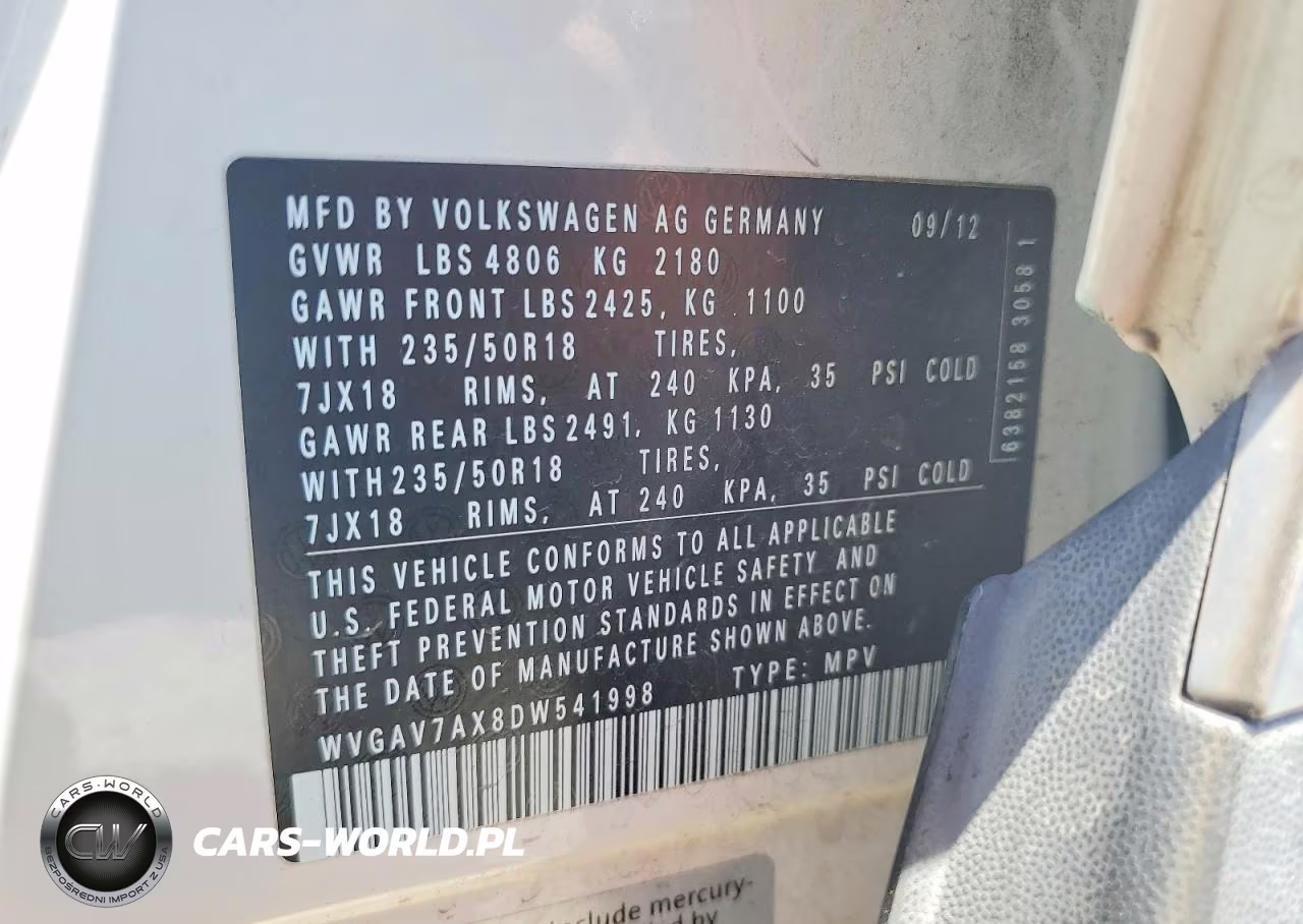 2013 Volkswagen Tiguan S VIN:WVGAV7AX8DW541998 - 12
