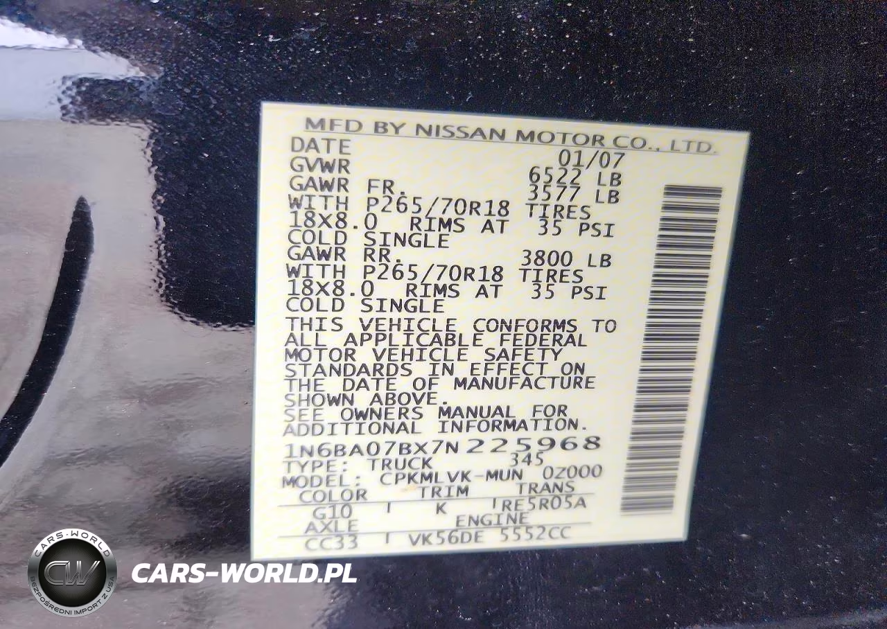 2007 Nissan Titan Xe Ffv VIN:1N6BA07BX7N225968 - 12