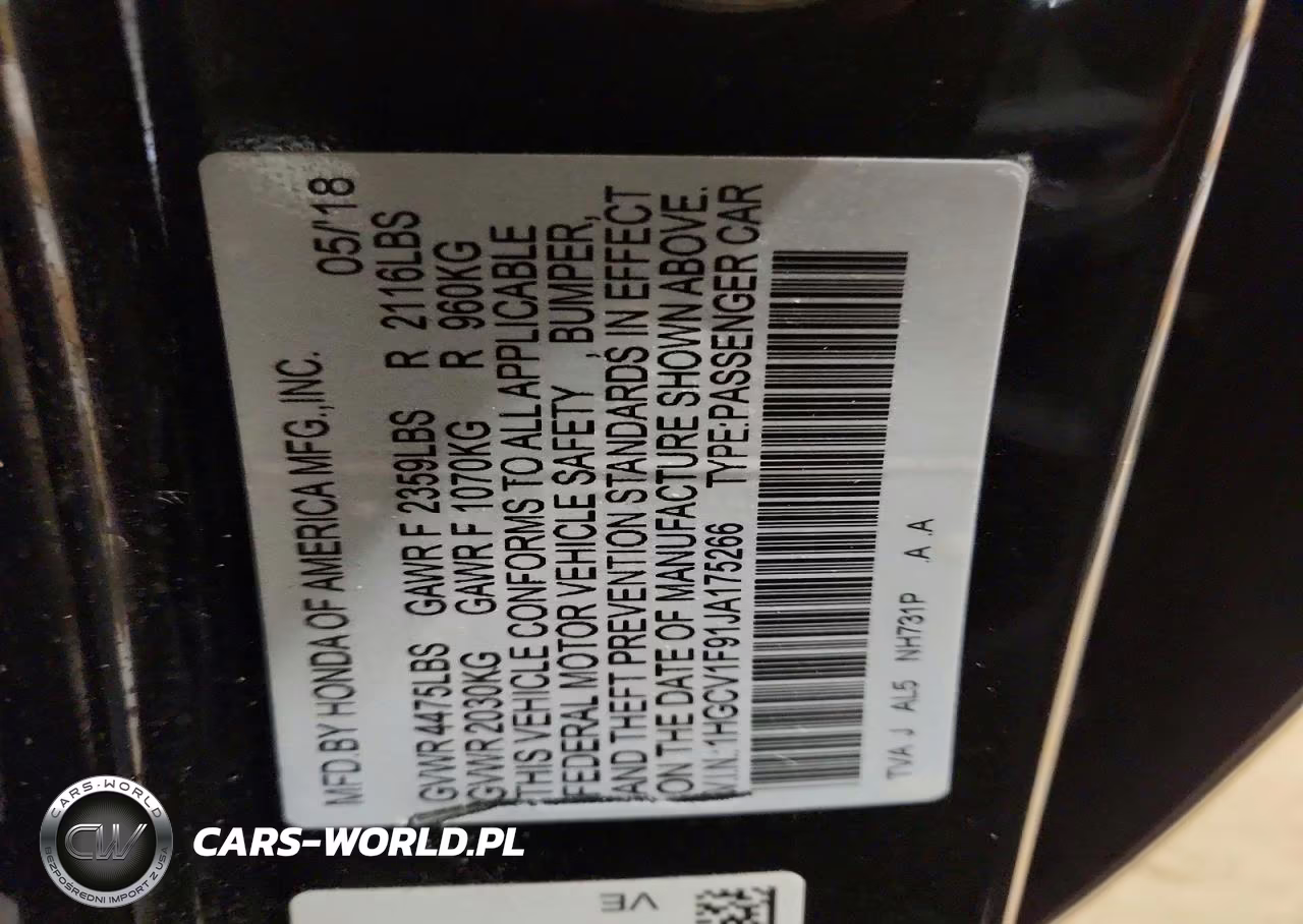 2018 Honda Accord Touring VIN:1HGCV1F91JA175266 - 12