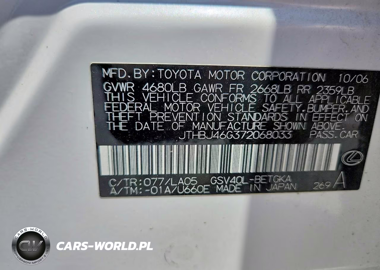 2007 Lexus Es 350 VIN:JTHBJ46G372068033 - 12